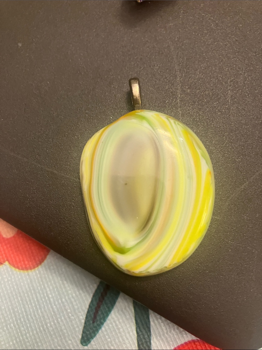 Murano Yellow Swirl Glass necklace Pendant with Green and Cream Accents.